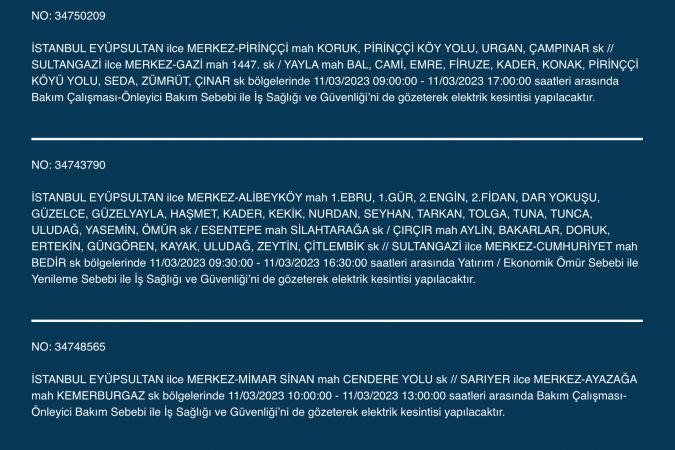 İstanbul’da elektrikler kesilecek! 11 Mart Cumartesi gününe dikkat!