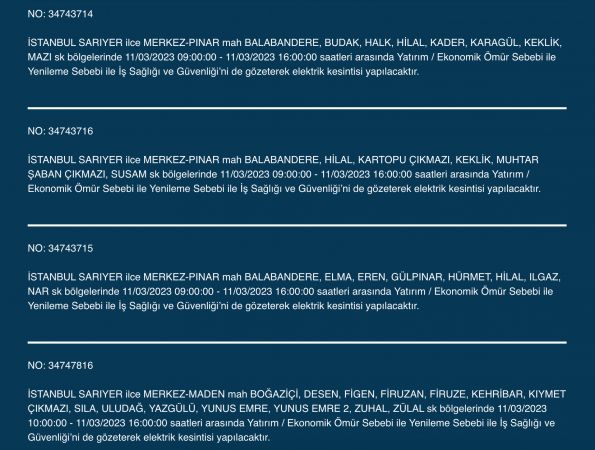 İstanbul’da elektrikler kesilecek! 11 Mart Cumartesi gününe dikkat!