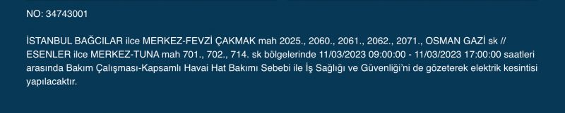 İstanbul’da elektrikler kesilecek! 11 Mart Cumartesi gününe dikkat!