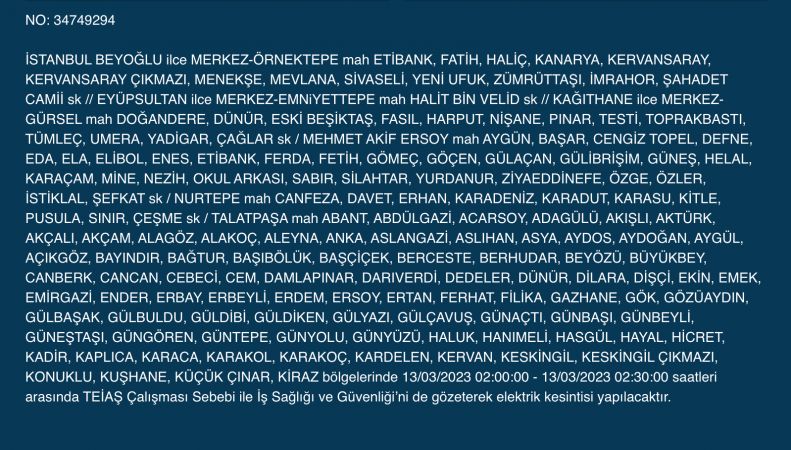 İstanbul’un yüzlerce sokağında elektrikler kesilecek (13 Mart) | Bu adreslere dikkat!