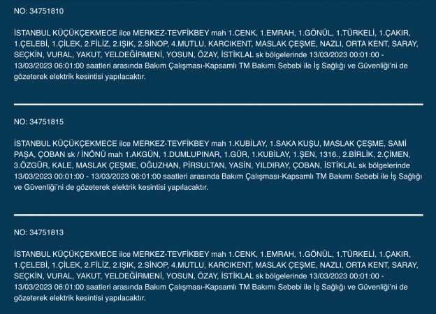 İstanbul’un yüzlerce sokağında elektrikler kesilecek (13 Mart) | Bu adreslere dikkat!
