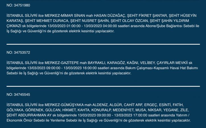 İstanbul’un yüzlerce sokağında elektrikler kesilecek (13 Mart) | Bu adreslere dikkat!