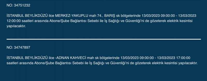 İstanbul’un yüzlerce sokağında elektrikler kesilecek (13 Mart) | Bu adreslere dikkat!