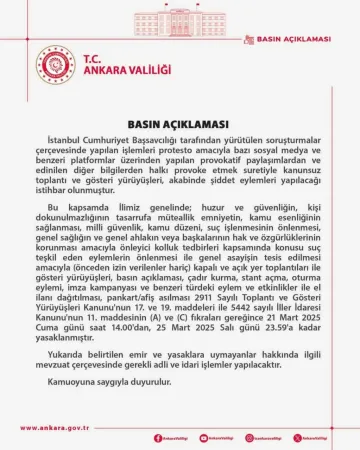 Ankara Valiliğinden 5 günlük eylem yasağı kararı Ankara Valiliğinden 5 günlük eylem yasağı kararı