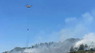İzmir'de zeytinlikte çıkan yangına havadan ve karadan müdahale